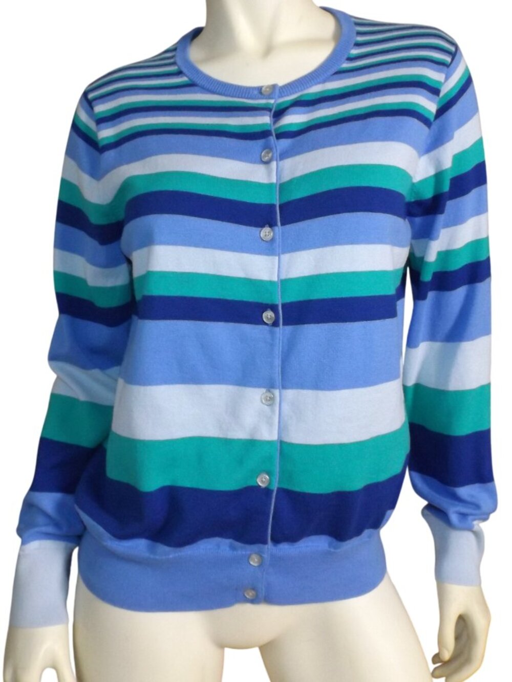 LANDS END Cardigan Sweater, M, blue/teal, Stripes, Buttons, Supima Cotton